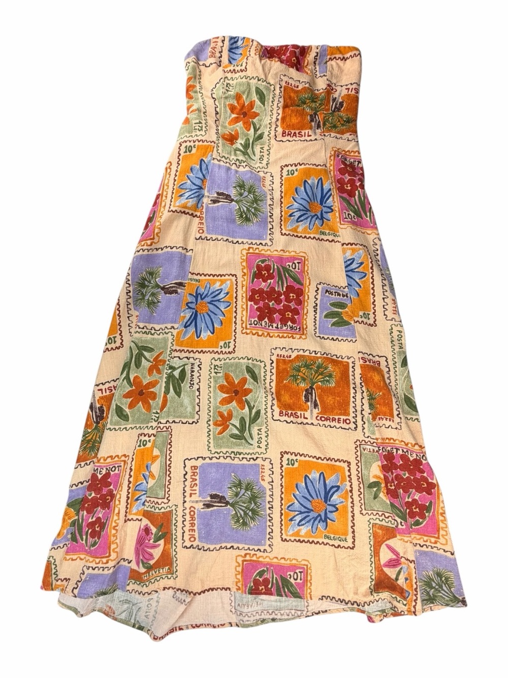 Anthropologie Paper Hearts Strapless Linen Blend Postcard-Stamp Maxi Dress Large - Picture 2 of 9